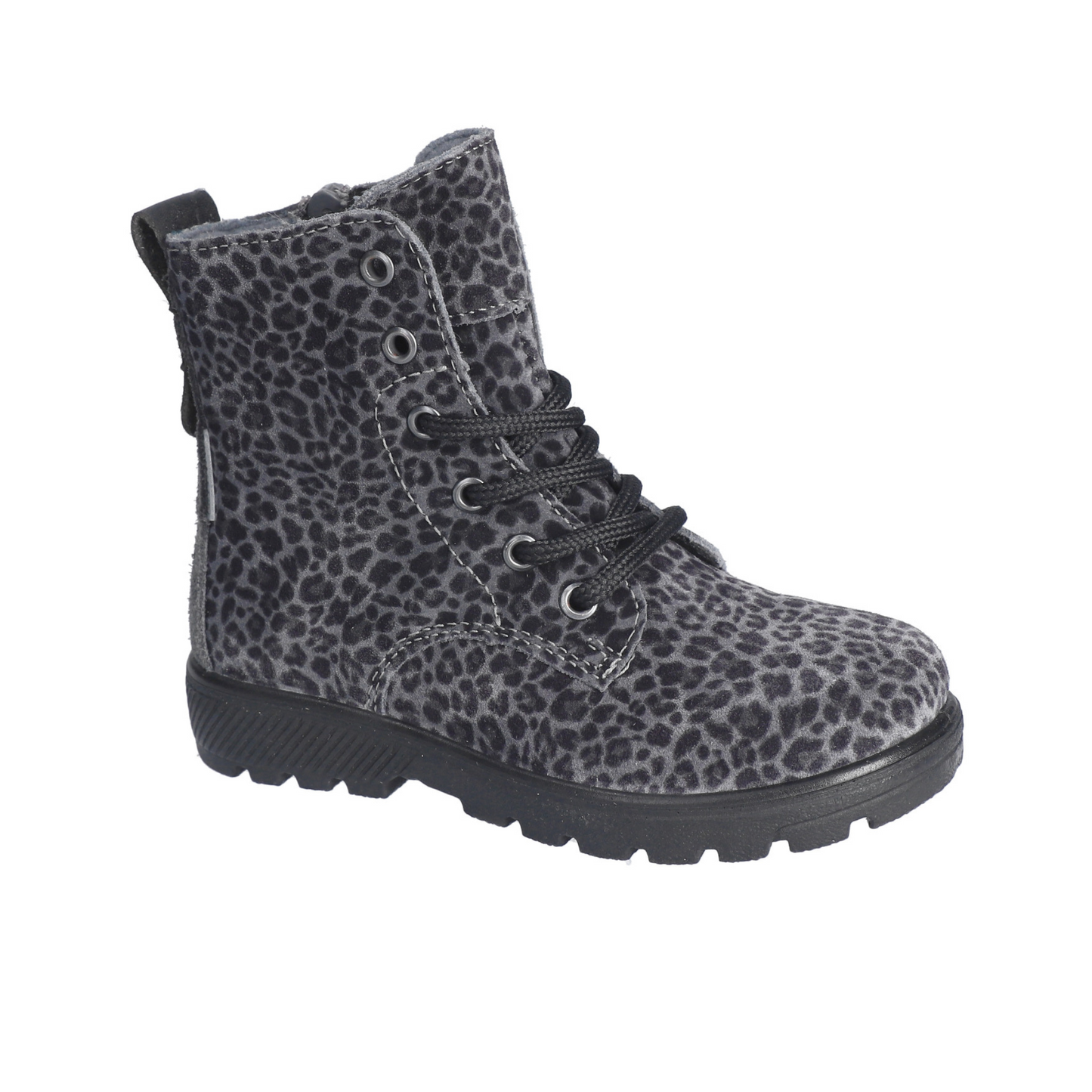 Anni Waterproof Warm Lined Girls Lace And Zipped Charcoal Leopard Print Boot