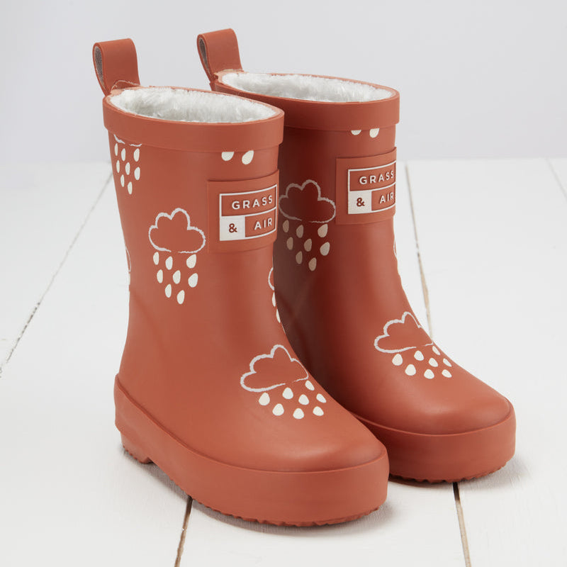 Colour Changing Teddy Fleece Lined Winter Wellie Burnt Orange with bag