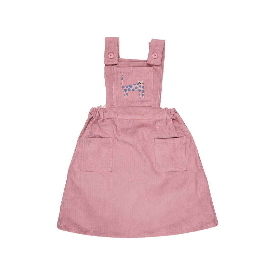 Pinafore Dress Pink Corduroy With Cat Motif