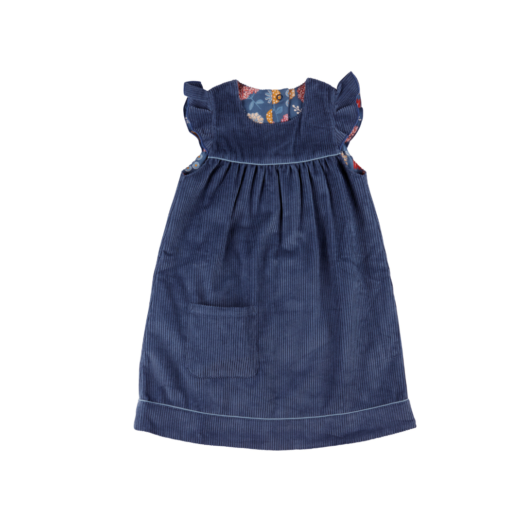 Winter Shift Dress Reversible Night Blue Corduroy/Winter Bloom