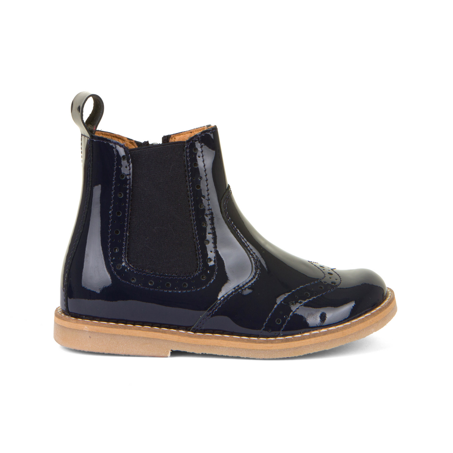 Chelys Brogue Chelsea Boot in Dark Blue Patent Leather