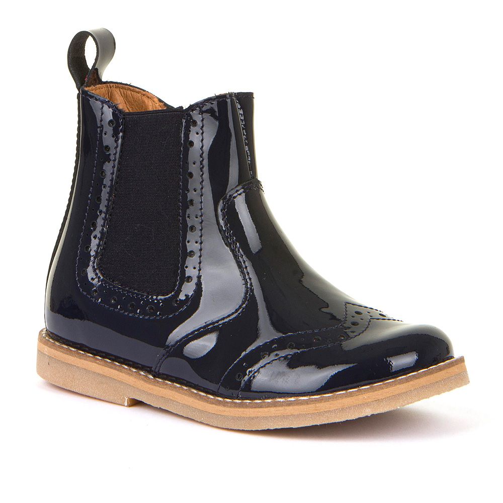 Chelys Brogue Chelsea Boot in Dark Blue Patent Leather