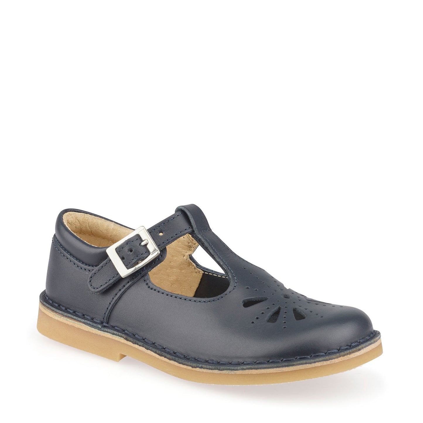 Lottie Classic Navy Leather Buckled T-Bar Stitchdown Shoe