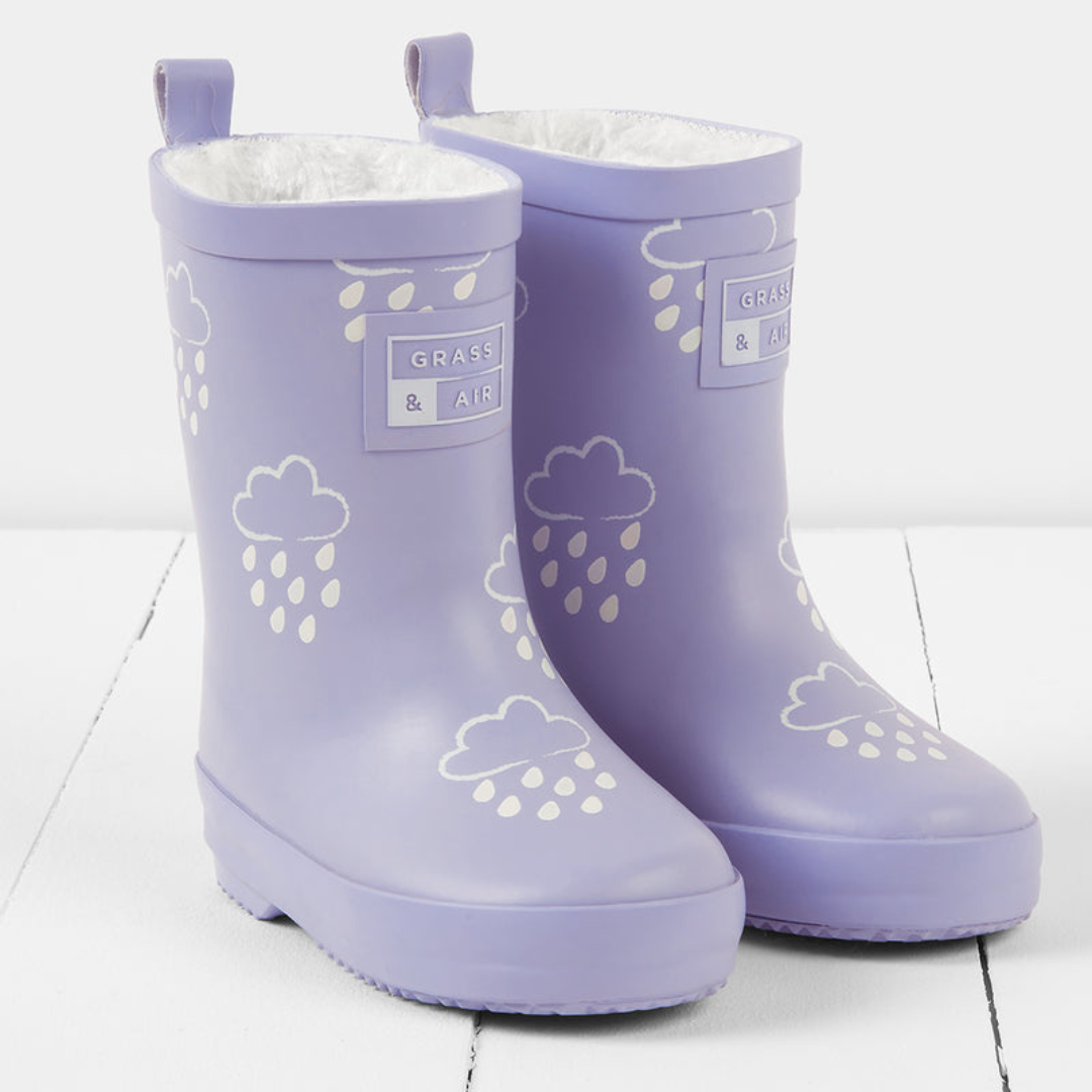 Colour Changing Teddy Fleece Lined Winter Wellie Purple Thistle with bag