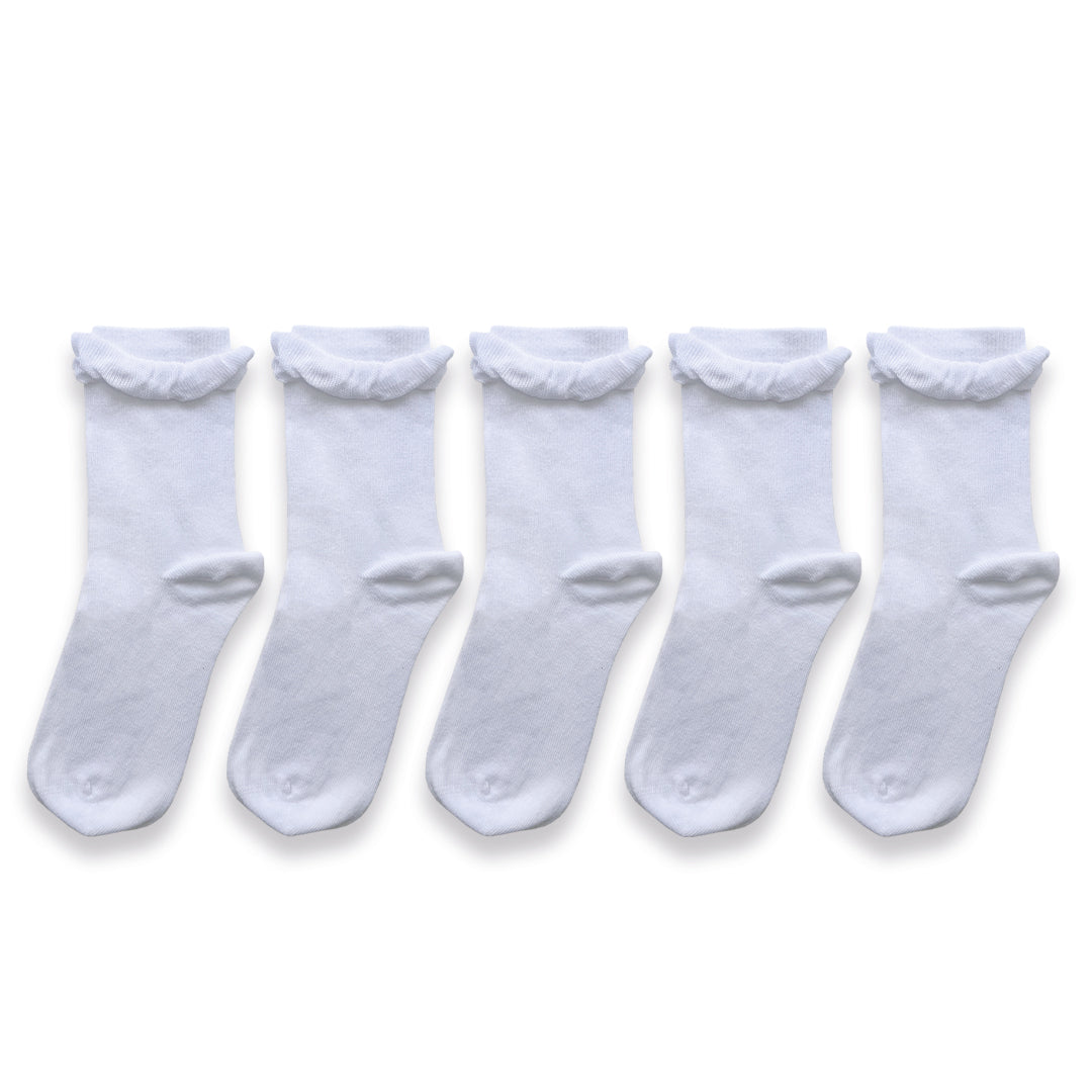 5pk Kids Cotton Frilly Ankle Socks - White