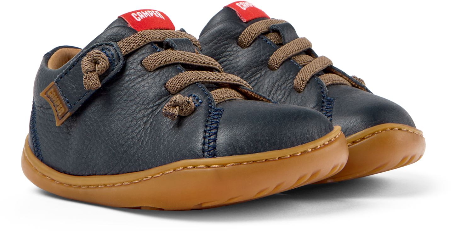 Peu Cami Blue Leather With Brown Elastic Lace First Walker Shoe