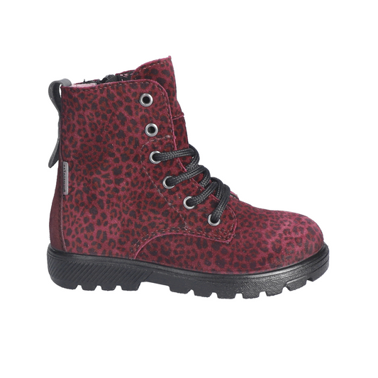 Anni Waterproof Warm Lined Girls Lace And Zipped Merlot Leopard Print Boot