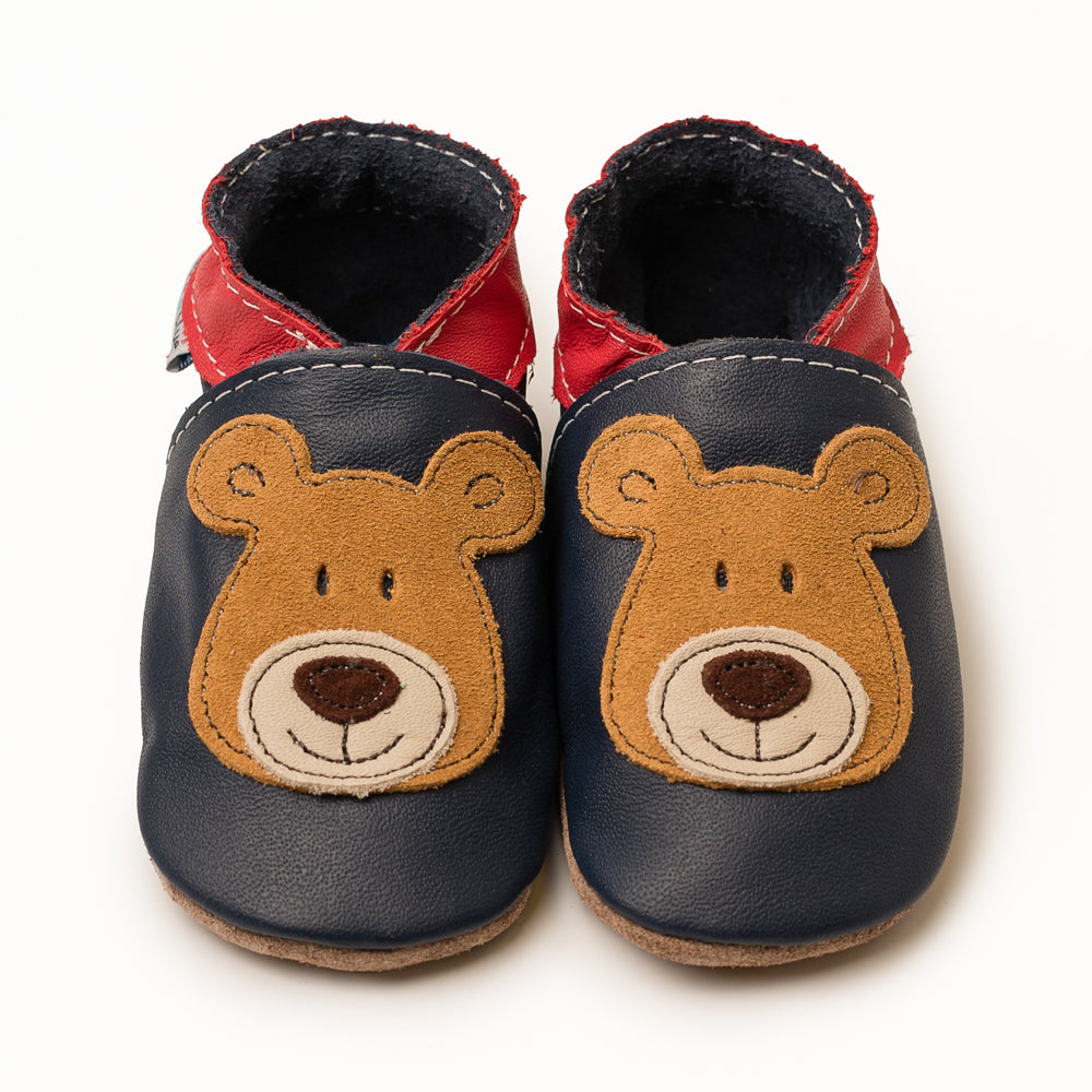 Brown Bear on Navy Leather Soft Soles