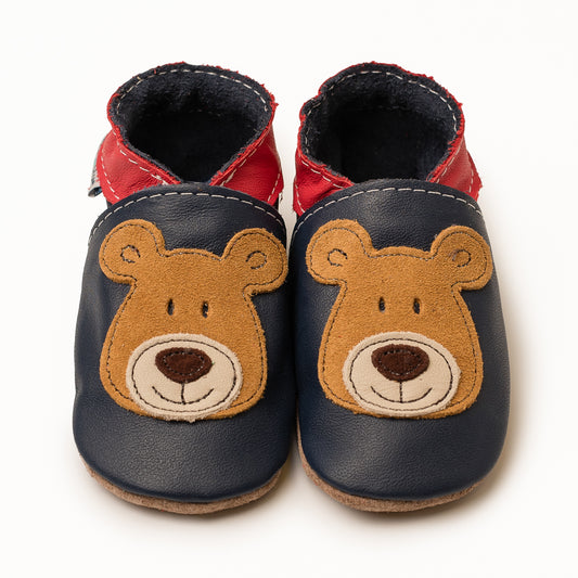 Brown Bear on Navy Leather Soft Soles