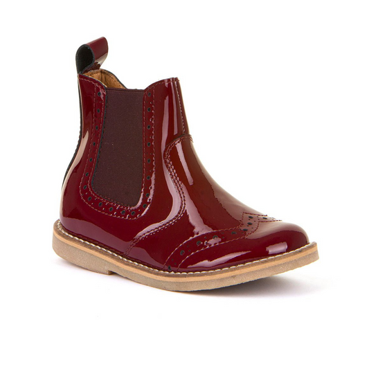 Chelys Brogue Chelsea Boot in Bordeaux Patent Leather