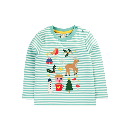 Discovery Festive Applique Long Sleeve Top Winter Moss Stripe