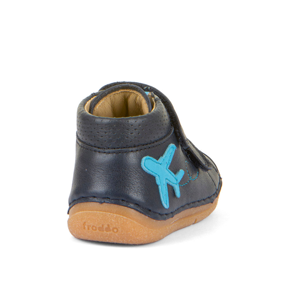 Paix Up Navy Leather First Walking Shoe With Aeroplane Motif