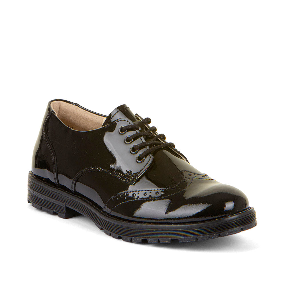 Charlie Black Patent Leather Brogue Lace Up School Shoe