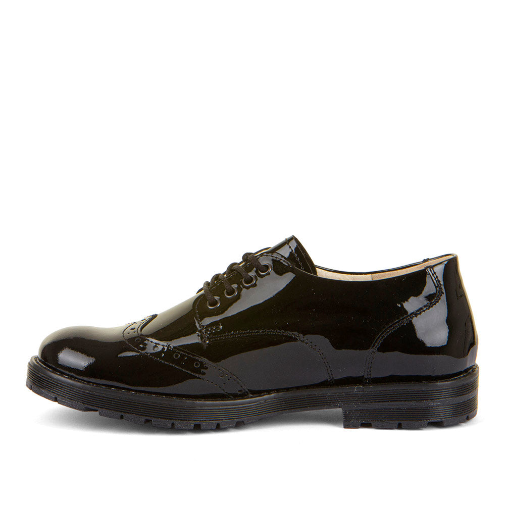 Charlie Black Patent Leather Brogue Lace Up School Shoe