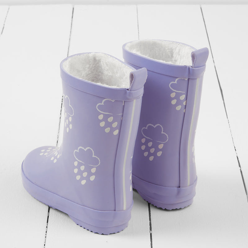 Colour Changing Teddy Fleece Lined Winter Wellie Purple Thistle with bag