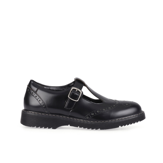 Imagine Black Leather Buckled T-Bar Girls School Shoe
