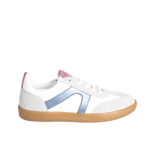 London White and Stone Blue Leather Sneaker With Zip And Lace