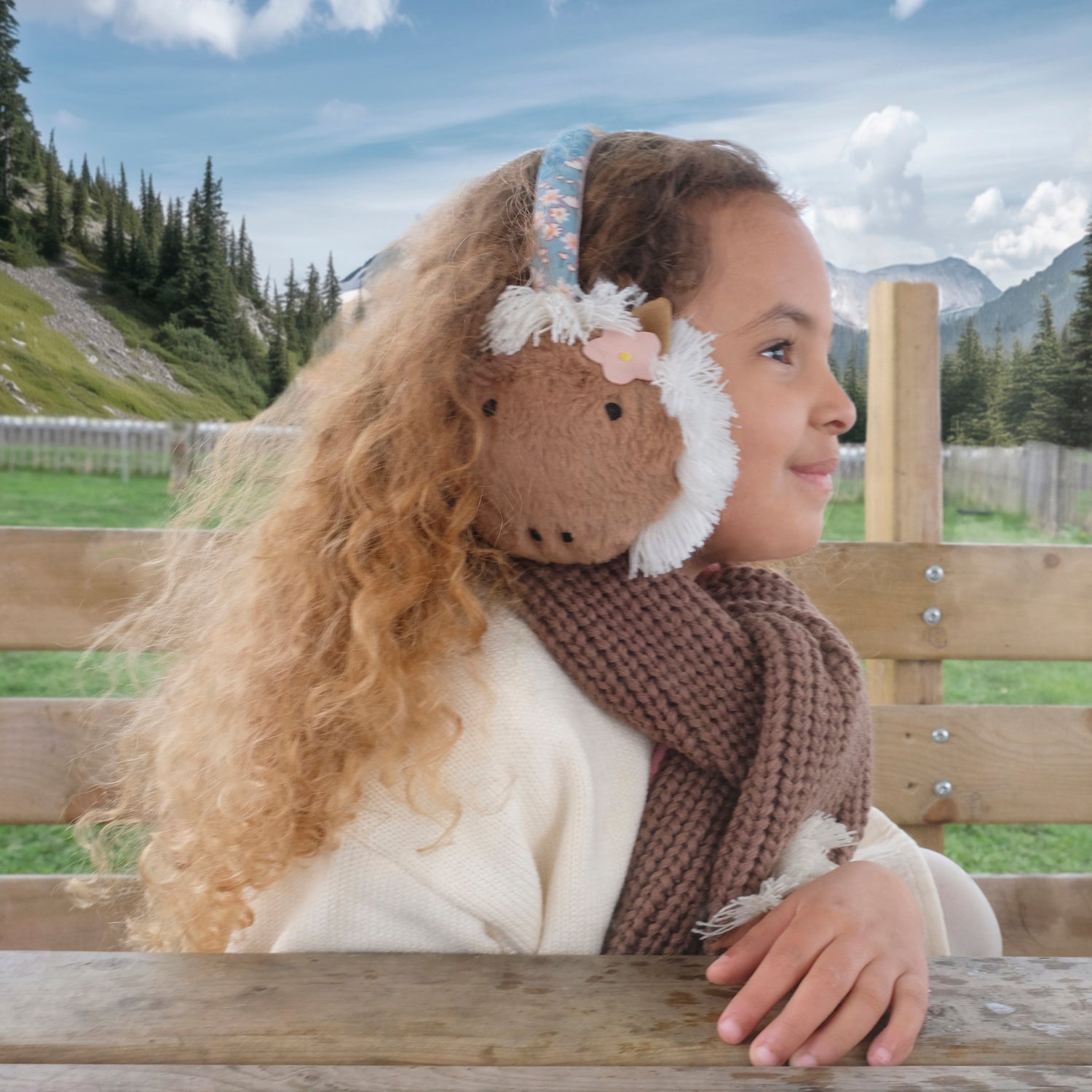 Child wearing a horse-themed knitted headband and scarf outdoors with mountains in the background