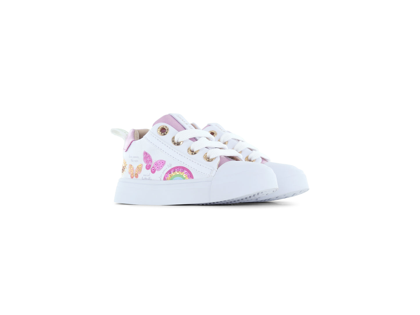 White Pink Butterfly Print Leather Sneaker Shoe