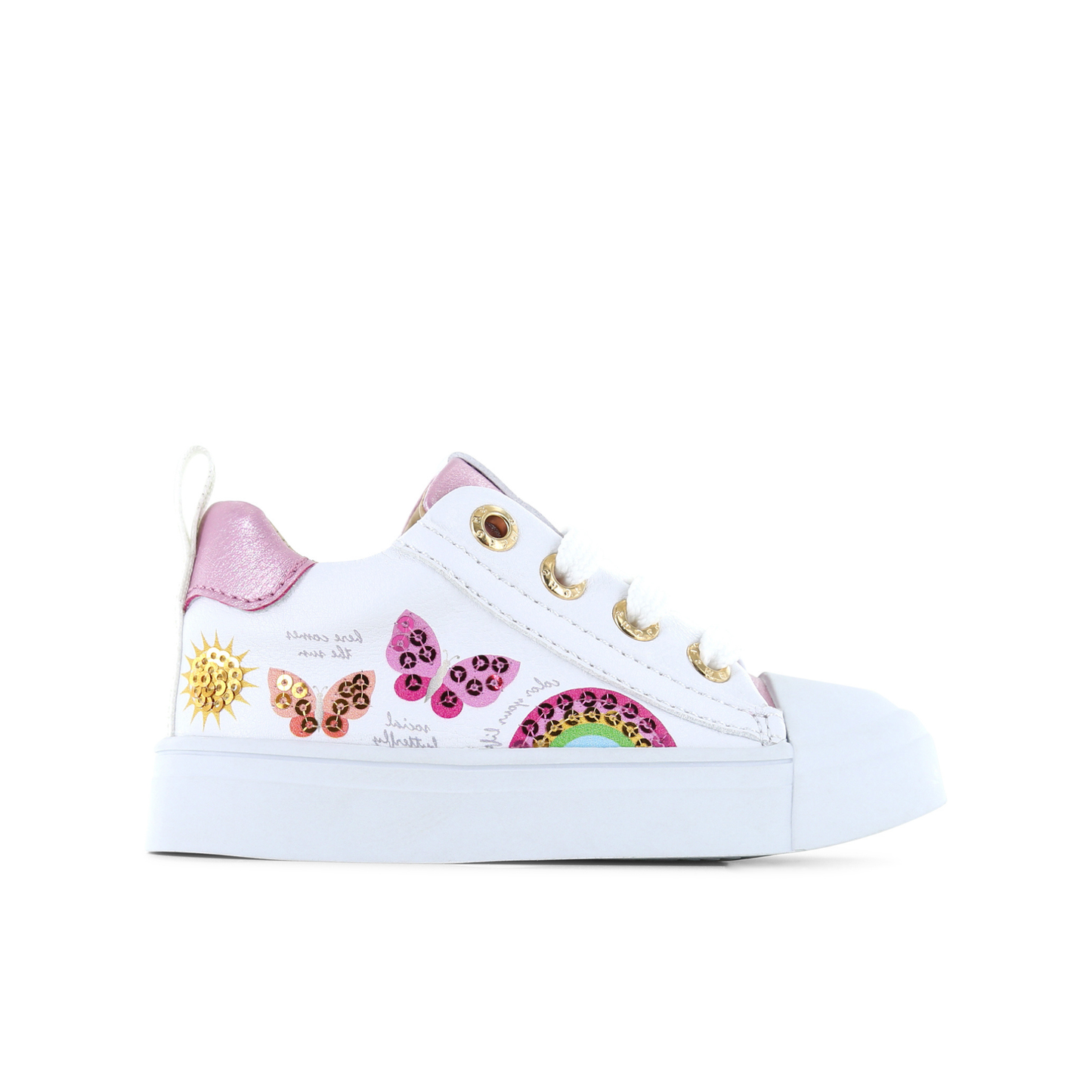 White Pink Butterfly Print Leather Sneaker Shoe