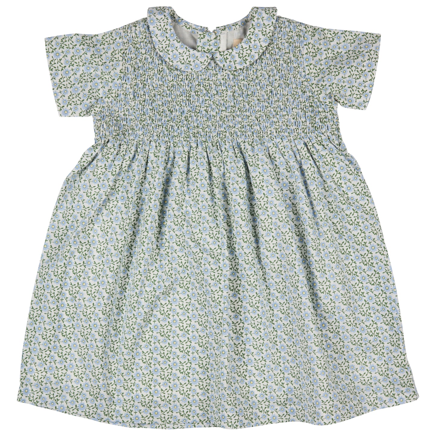 Smocked Peter Pan Collar Ditsy Blue Floral Dress