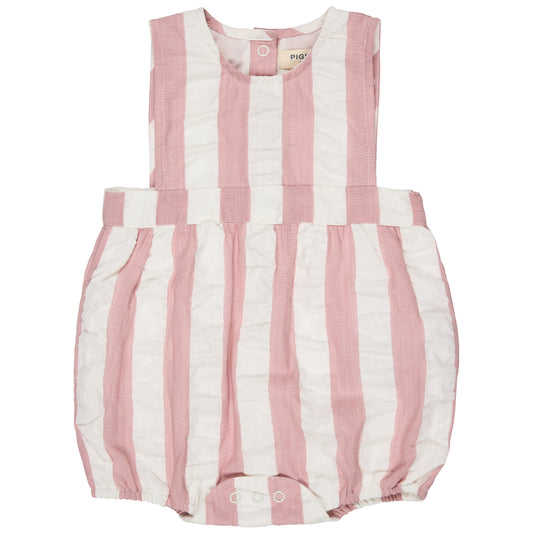 Bib Romper Pink Seersucker Wide Stripe