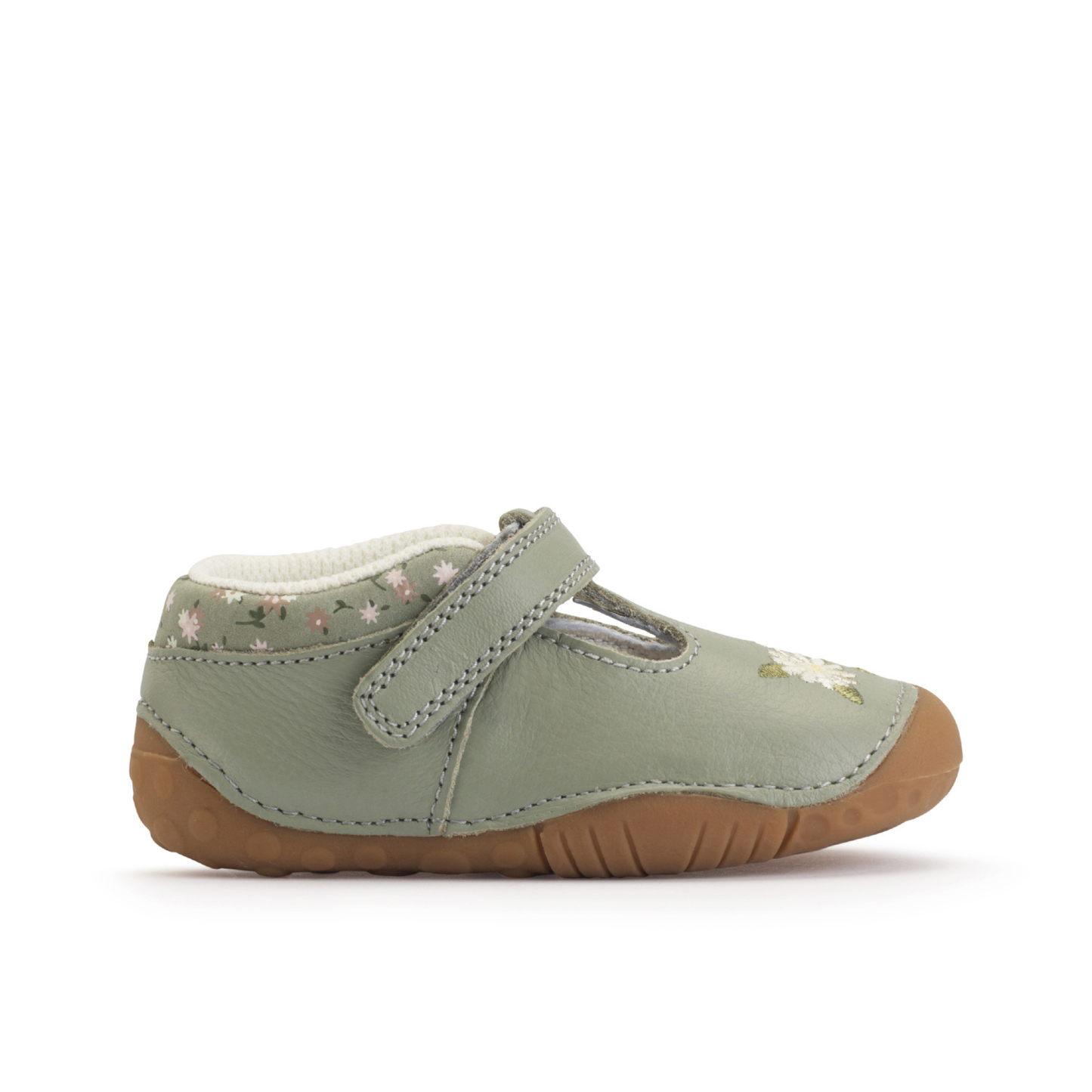 Squish Dusky Green Flower T-Bar Leather Pre-walker