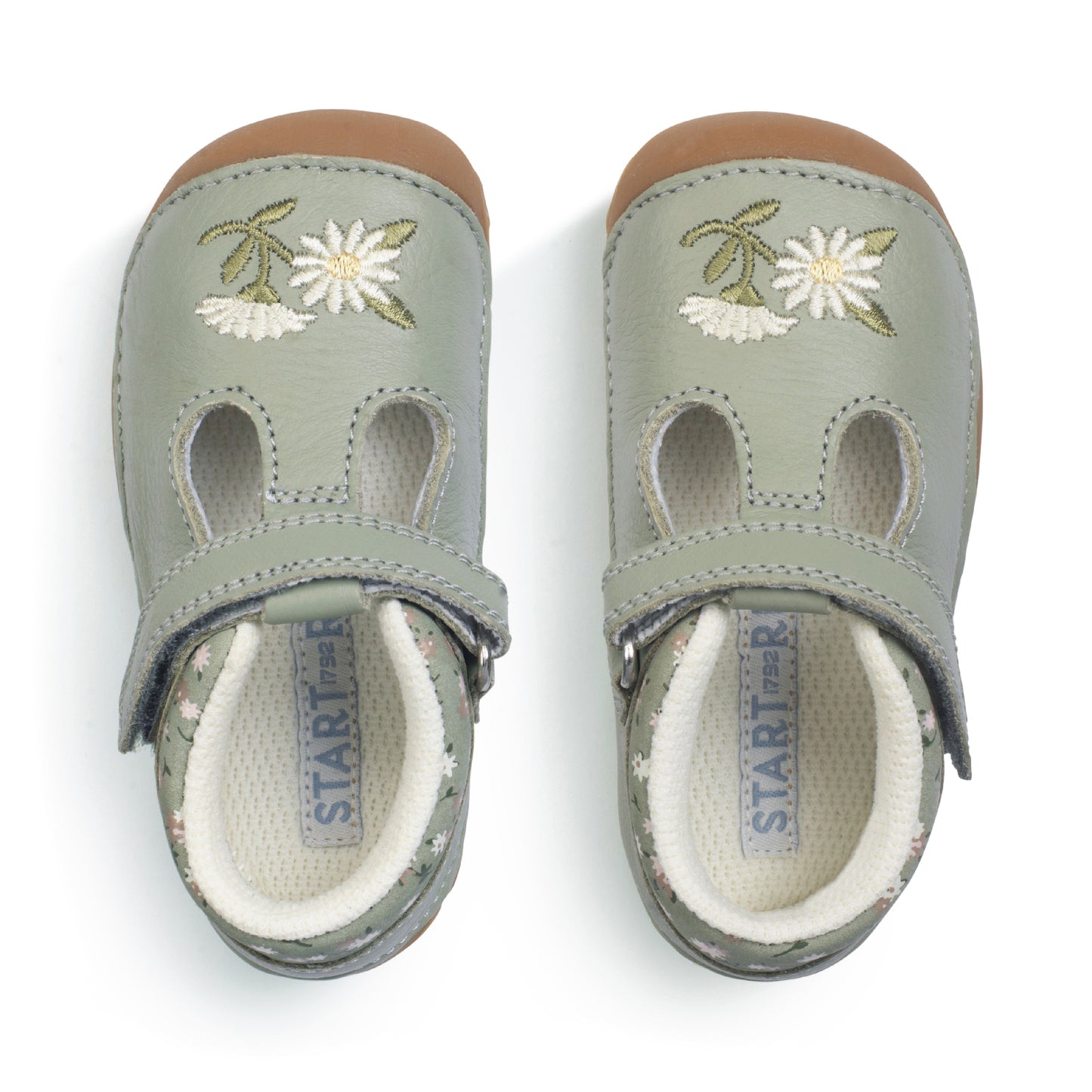 Squish Dusky Green Flower T-Bar Leather Pre-walker