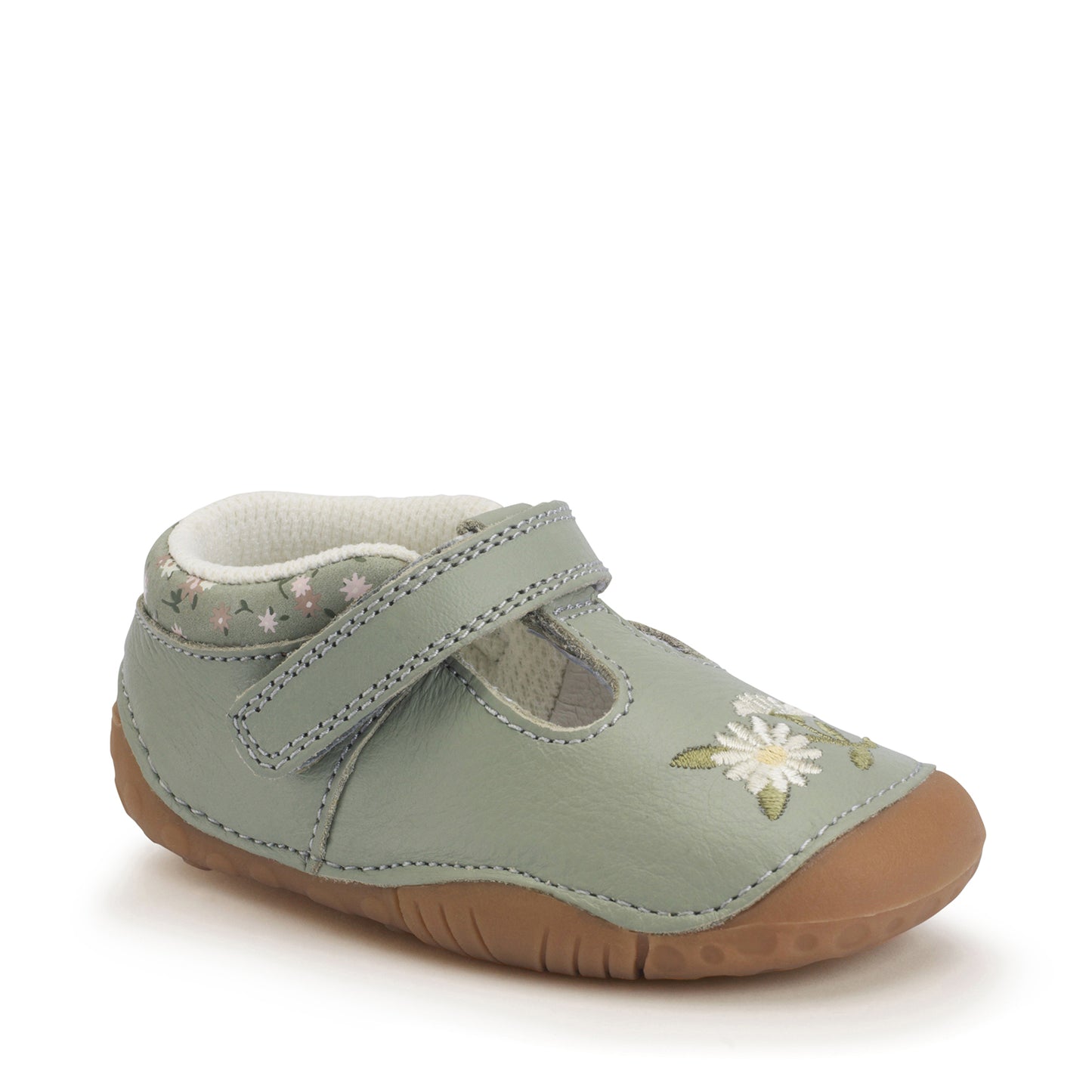 Squish Dusky Green Flower T-Bar Leather Pre-walker