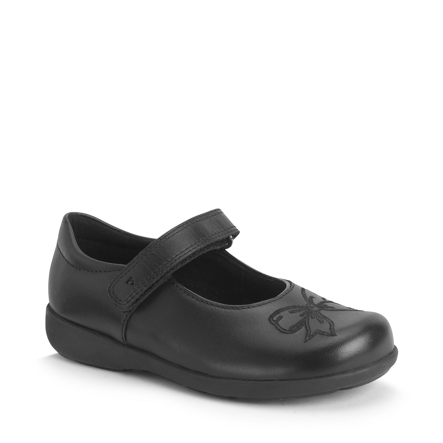 Ribbon Black Leather Girls School Shoe