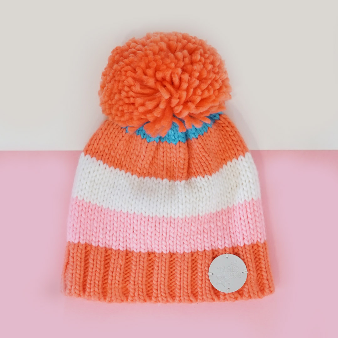 Coral And Cream Striped Bobble Hat