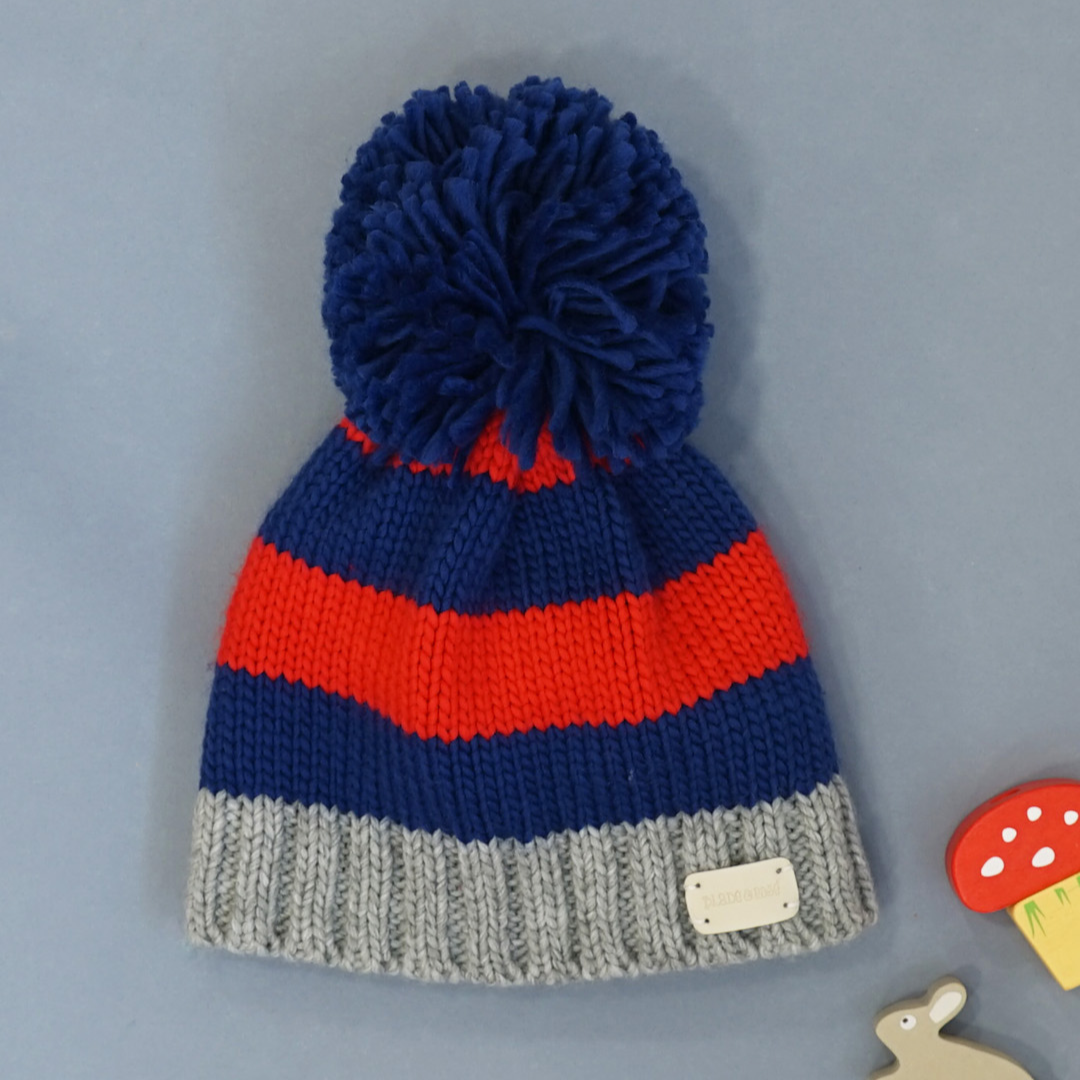 Red and Blue Striped Bobble Hat