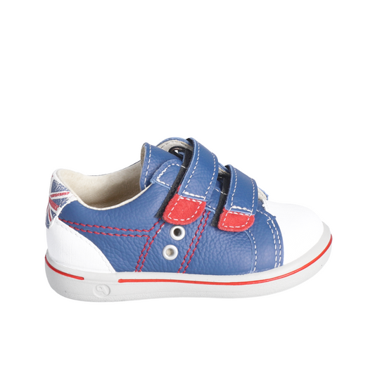 Nippy Leather Sneaker in Blue with Red and White Flag