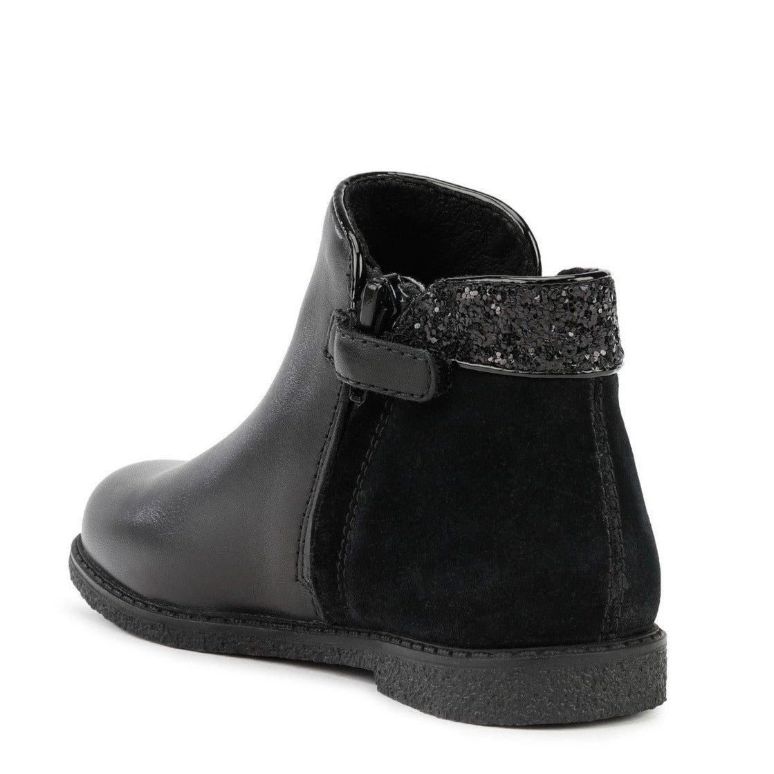 Shawntel Girl's Zipped Ankle Boot in Black Leather with Suede Heel